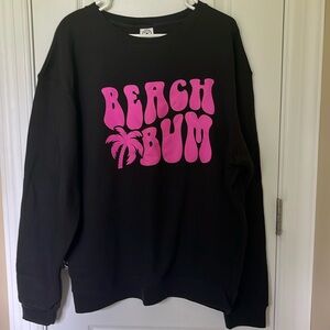 NWOT Women’s Sweatshirt Beach Bum Black Crew Neck Pink Graphics Fleece Size XL